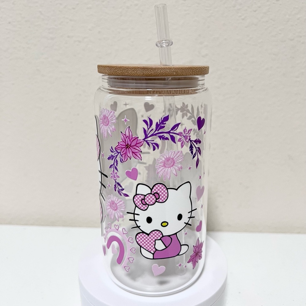 Hello Kitty Hearts and Flowers Handmade Libbey Glass Cup - Picture 3 of 5
